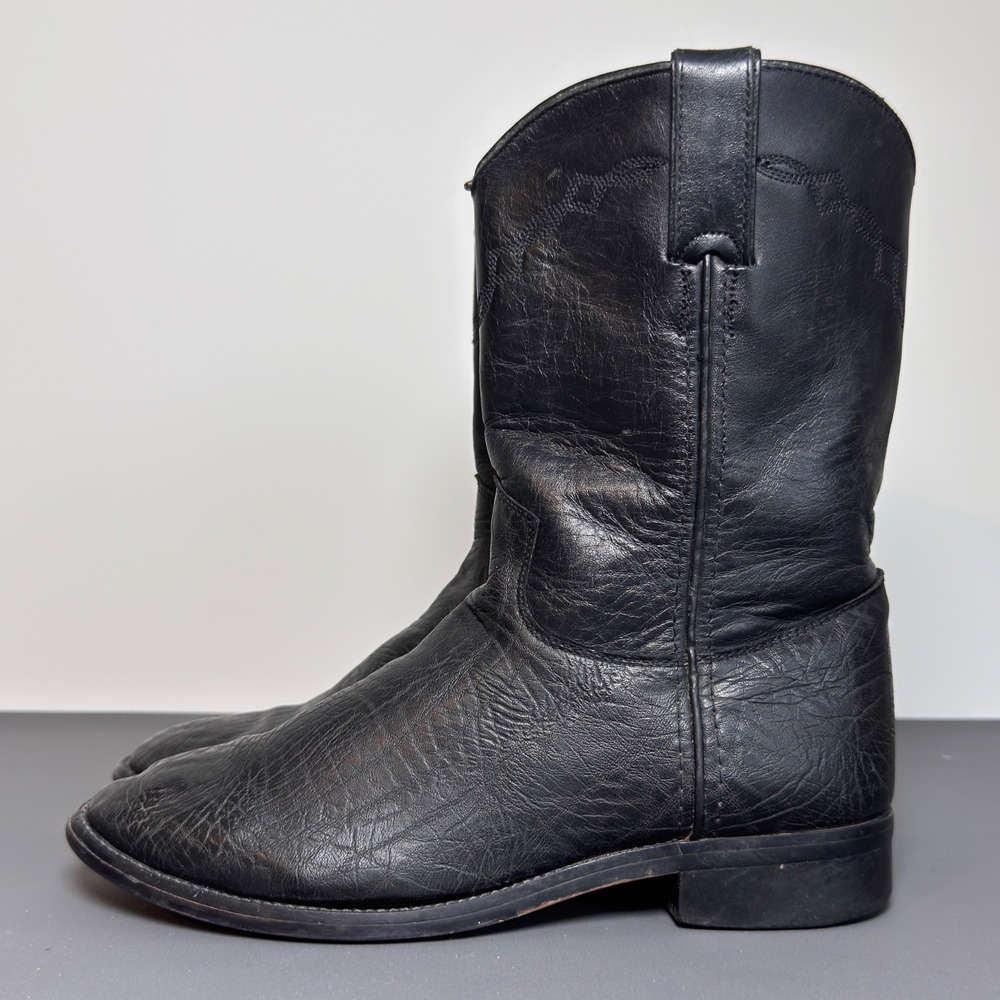 Justin Youth Black Leather Roper Cowboy Western Boots Boys Made in Mexico 4.5D